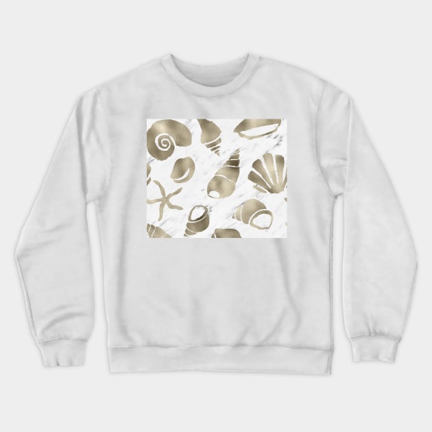 Golden South Pacific sea shells - white marble Crewneck Sweatshirt by hamptonstyle